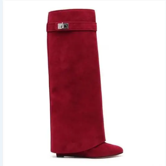 red suede Г., шикарные сапоги до колена из натуральной кожи женские ботинки на танкетке с острым носком, серебристым металлическим замком в виде акулы женские дизайнерские высокие сапоги - Цвет: red suede