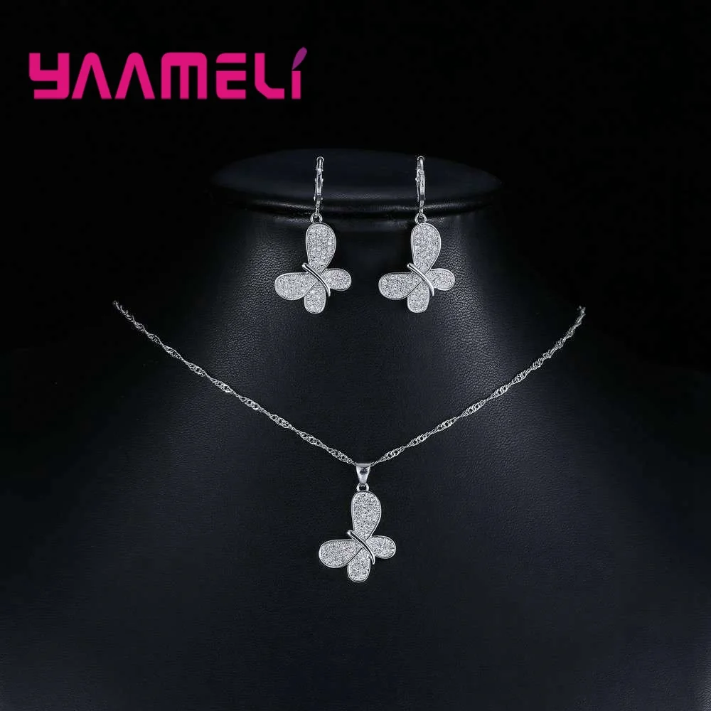 

Fashionable Cute Butterfly Pendant Necklace And Earring For Women 925 Sterling Silver Jewelry Set For Wedding Super Gift