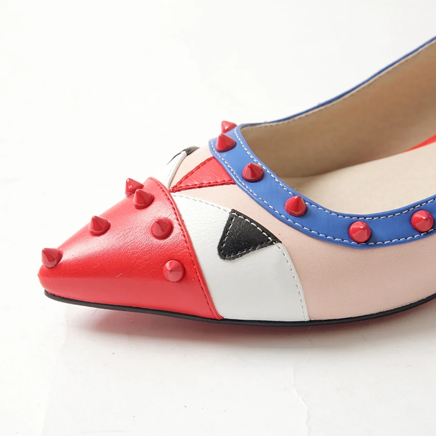 Модные женские туфли-лодочки с заклепками на среднем каблуке цвет желтый красный