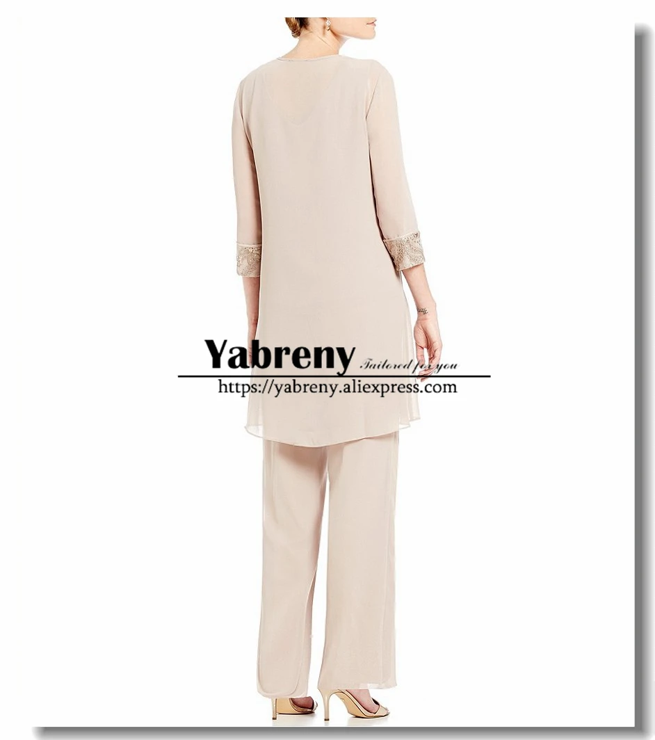 

Champagne Chiffon 3 pieces Elastic waist mother of the bride pant suits