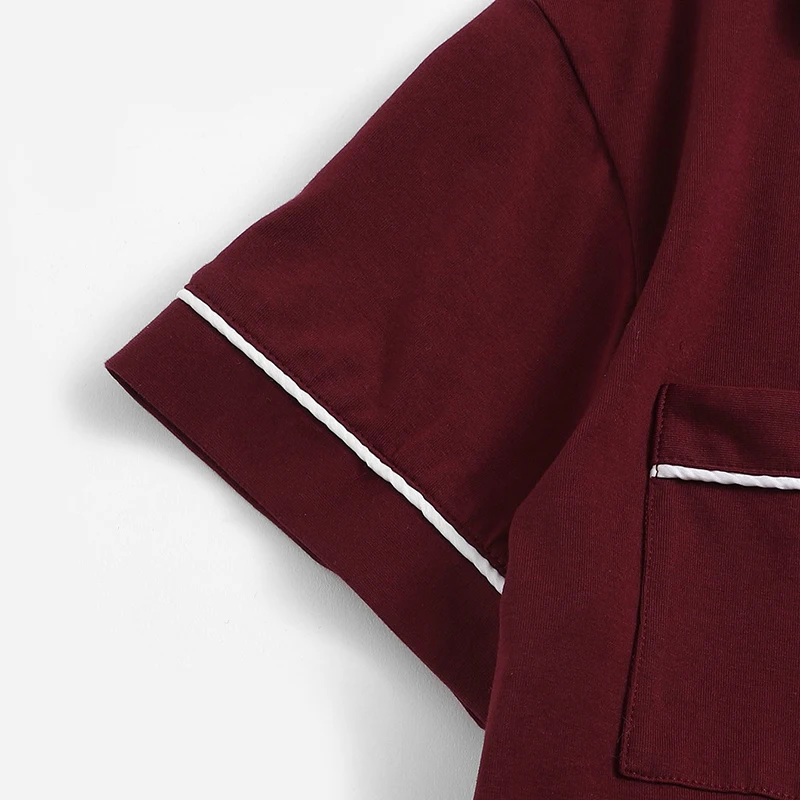 SHEIN контрастная окантовка карман спереди пижамный комплект черный короткий рукав топ с отворотом с эластичной талией шорты женские комплекты из двух предметов