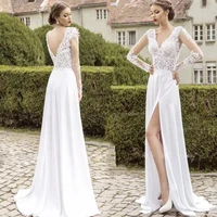 beautiful appliqued simple white a line floor length long sleeves chiffon v neck formal beach prom dresses gowns with high slit