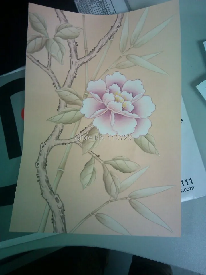 Шелковые обои с ручной росписью цветы птицами ручная роспись