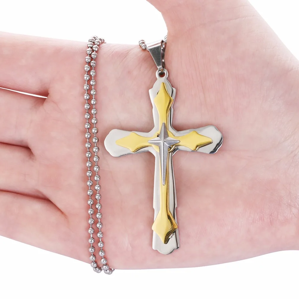 Мужская цепочка из нержавеющей стали с бусинами ожерелье крестом золотистого и