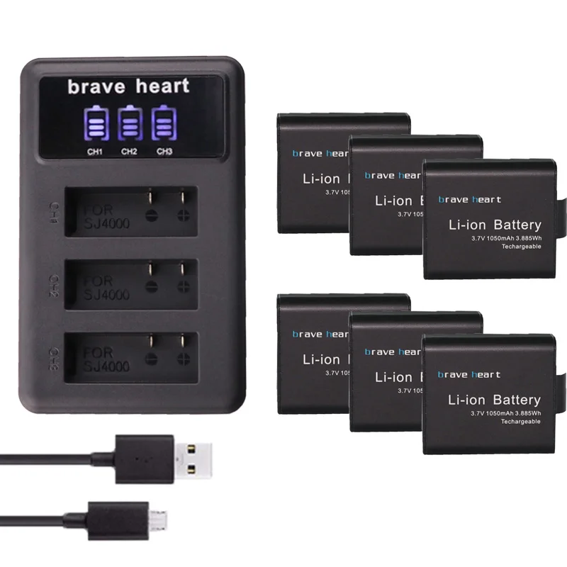 6battery and1charger 3,7 v 1050 mAh bateria SJ4000 Батарея SJ5000 SJ6000 Wi-Fi+ ЖК-дисплей 3 лота usb зарядное устройство для SJCAM SJ 4000 5000 6000 7000 8000 sj9000 M10 - Цвет: 6battery and1charger