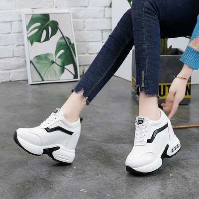 10CM Wedge Woman Sneakers Platform Spring Autumn Pu Leather New Female Casual Shoes Wedge Breathable Sneakres Ladies - Цвет: White