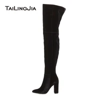 women black velvet high heel thigh high boots ladies faux suede round toe chunky heel over the knee high long boots big size