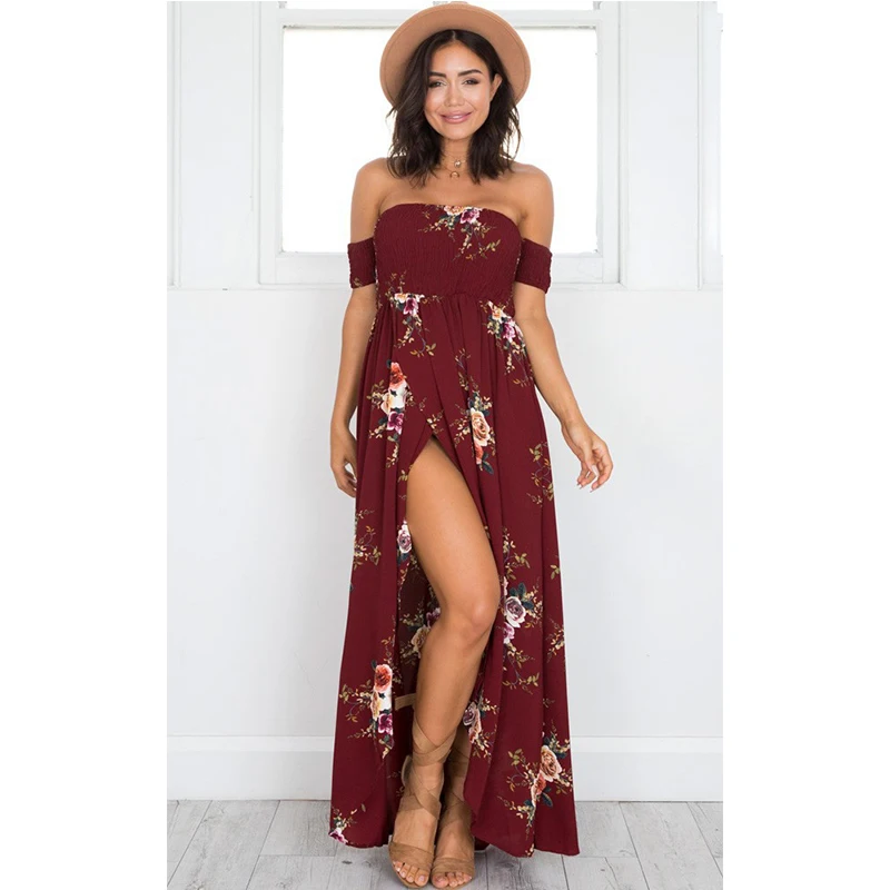Женское пляжное платье Boho длинное с открытыми плечами шифоновое винтажное
