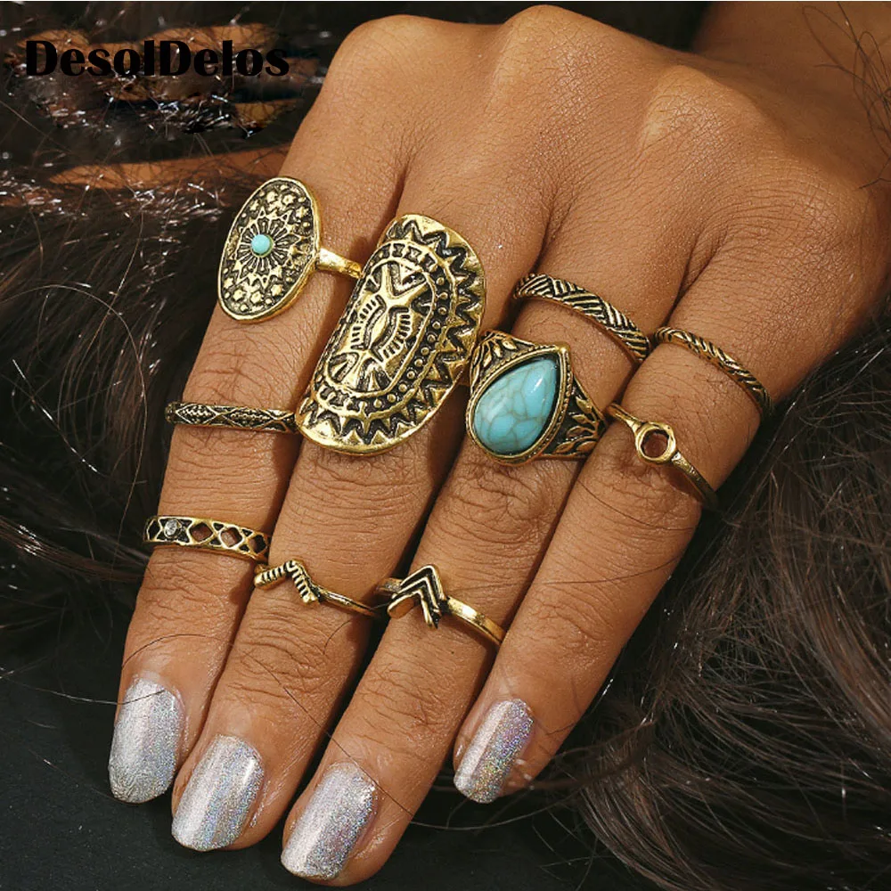 10 шт. винтажное большое каменное кольцо среднего размера набор для женщин Бохо