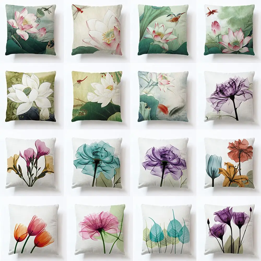 RUBYLOVE Ink Lotus Linen Decorative Square Cushion Cover Home Sofa Throw Pillow Covers Decor Case | Дом и сад