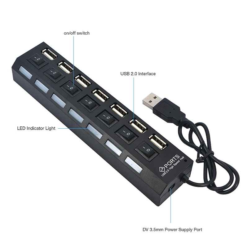 Высокоскоростной USB концентратор 2 0 с 7 портами и светодиодным