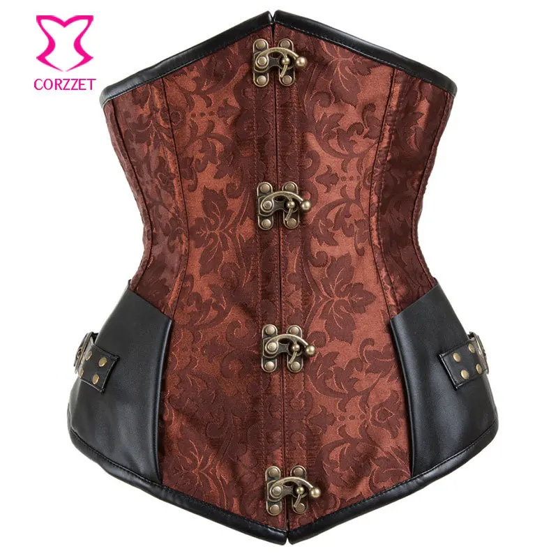 Корсет в стиле стимпанк из коричневой парчи и черной кожаной стали корсет на