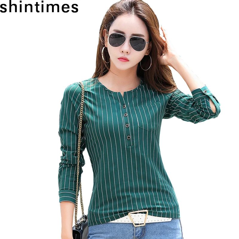 Autumn New Korean Fashion Female Tshirt Pockets Striped T shirt Women Button V-Neck Top Cotton Long Sleeve Tee Shirt Femme
