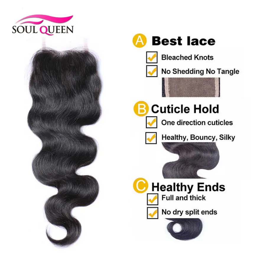 Top Lace Closure Brazilian Virgin Hair Body Wave 4x4 Bleached Knots Closures 3 Free Middle Part |
