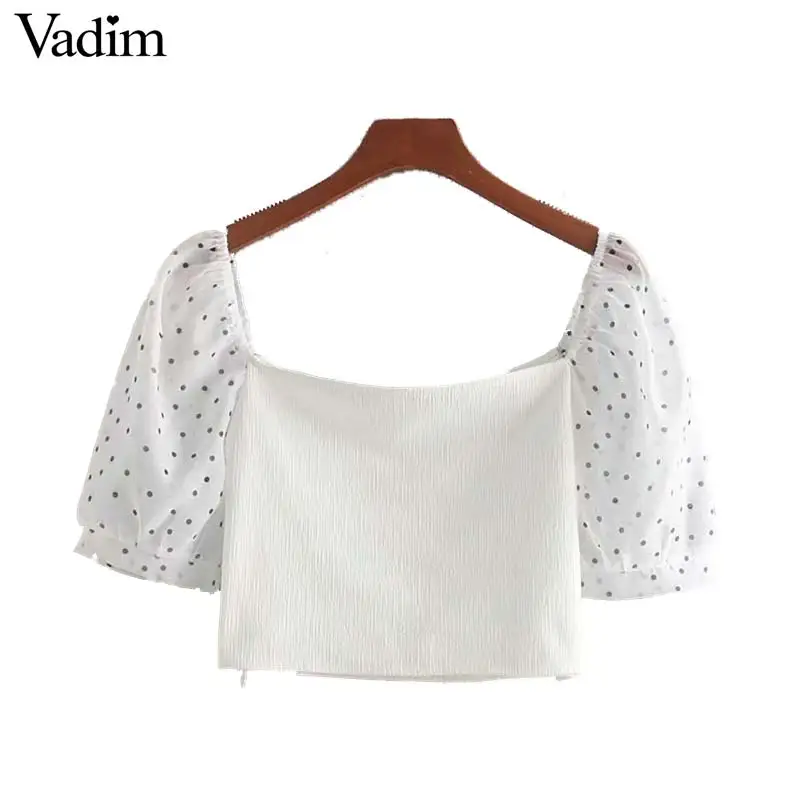 Vadim women elegant dot patchwork crop top short sleeve short style side zipper stretchy shirt female elegant blouses DA574