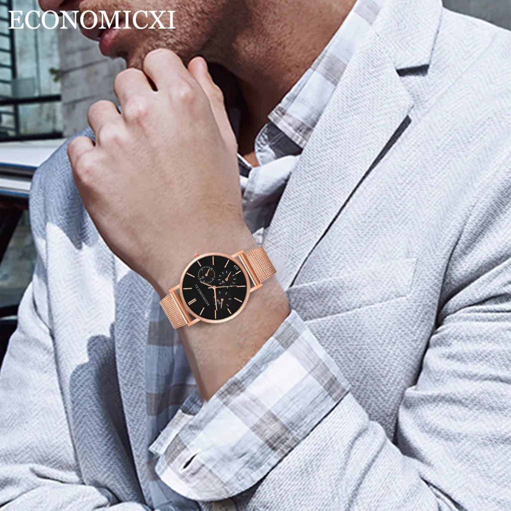 Мужские модные часы reloj hombre, простые часы из нержавеющей стали с тремя глазами, маленький циферблат, мужские кварцевые часы