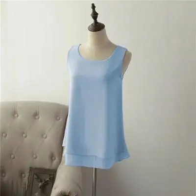 sky blue New Solid color Women Long Chiffon shirt summer Casual Top plus size S-6XL Loose sleeveless Blouse Double chiffon Blouses - Цвет: sky blue