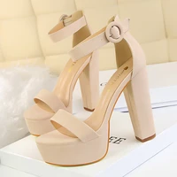 women 13 5 cm thick high heel peep toe pumps shoes summer solid sexy club platform 4 5 cm pu buckle cover party sandals shoes