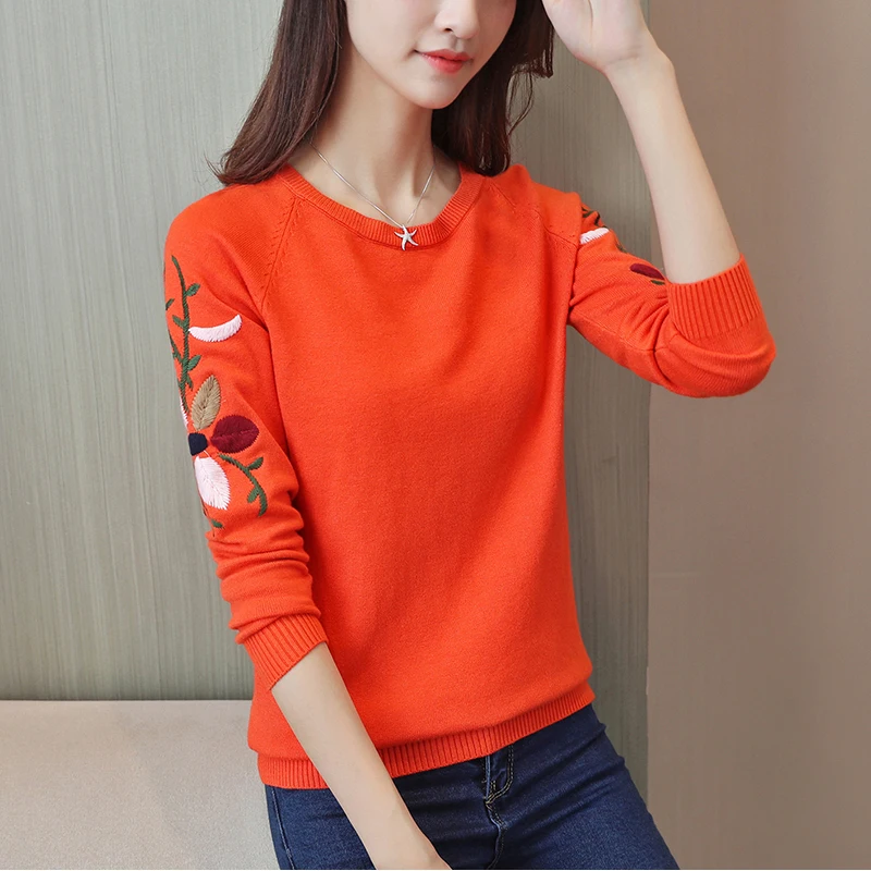 New Fashion 2019 Women Autumn Spring Embroidery Flower Sweater Pullovers Casual Warm Female Knitted Sweaters Pullover Lady | Женская