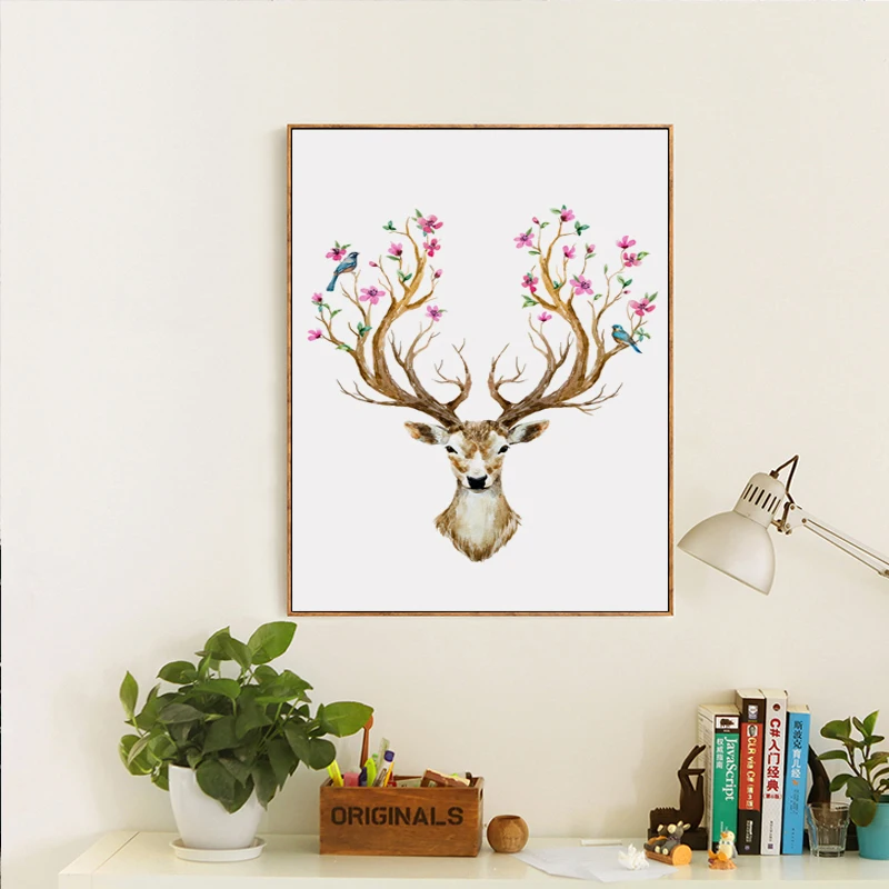 Elegant Poetry Watercolor Deer And Flower Bird Canvas Digital Painting Art Print Poster Picture Mural Home Bedroom Decoration | Дом и сад