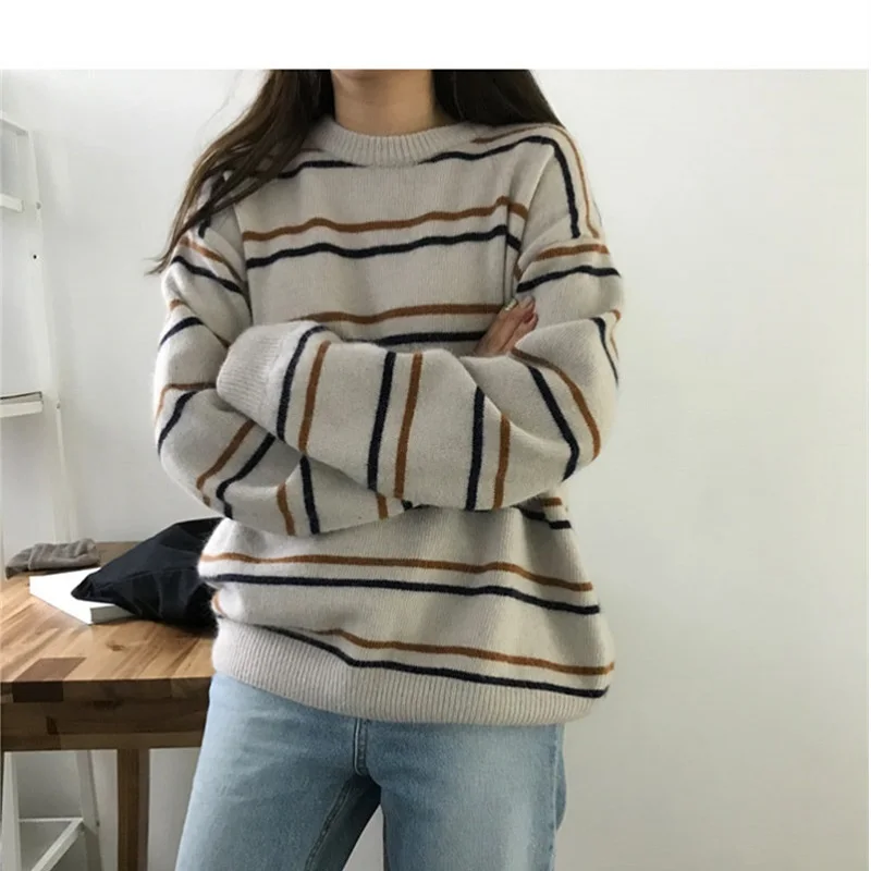 Женский свитер с капюшоном в Корейском стиле полоску круглым вырезом | Женская