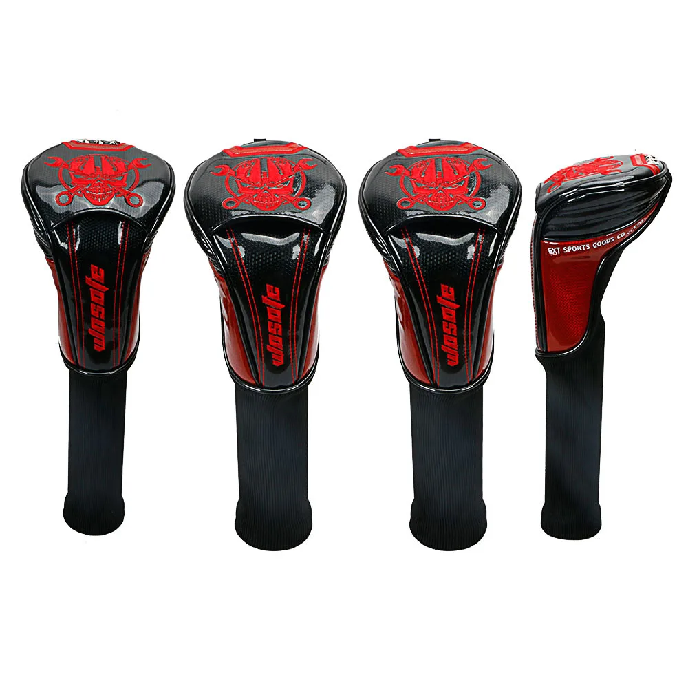 Golf headcover #1 #3 #5 H Golf Wood Headcovers 4pcs/Set PU Leather Head Covers Set Skull embroidery free shipping