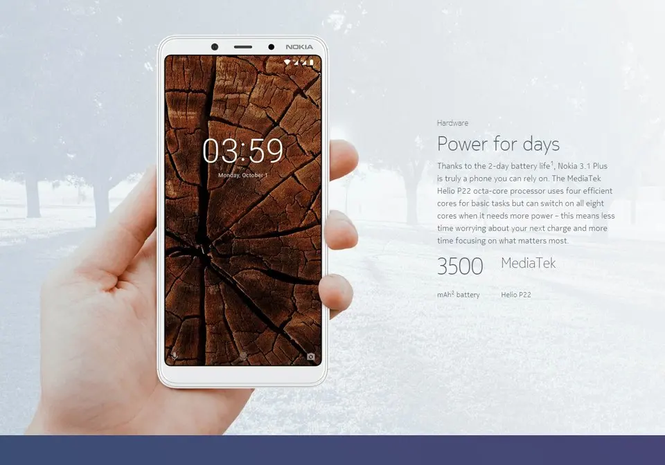 Смартфон NOKIA 3,1 Plus, 6,0 дюйма, HD+ Helio P22, четыре ядра, 3 ГБ+ 32 ГБ, два слота для sim-карты, 3500 мАч, Android 8,1, 4G, мобильный телефон