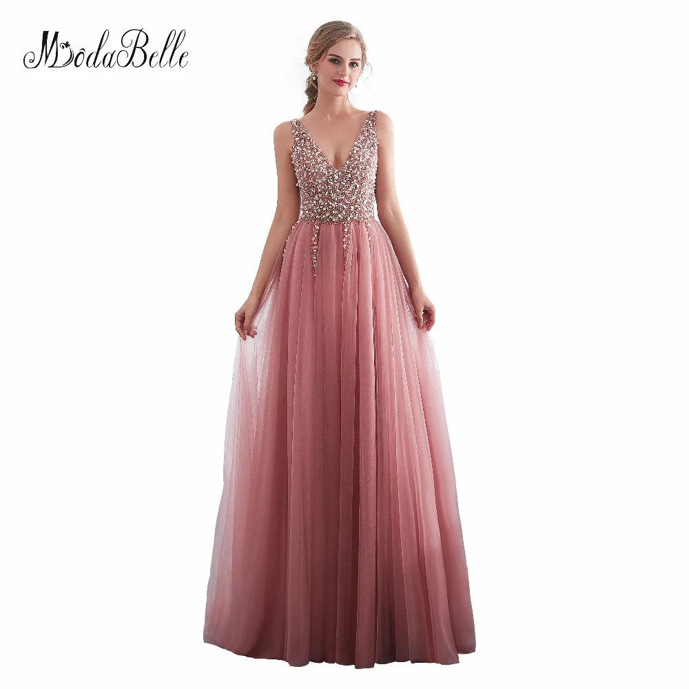 

modabelle Robe De Soiree High Split Pink Evening Dress V Neck Beading A-line Evening Formal Prom Party Dress Robe De Soir E