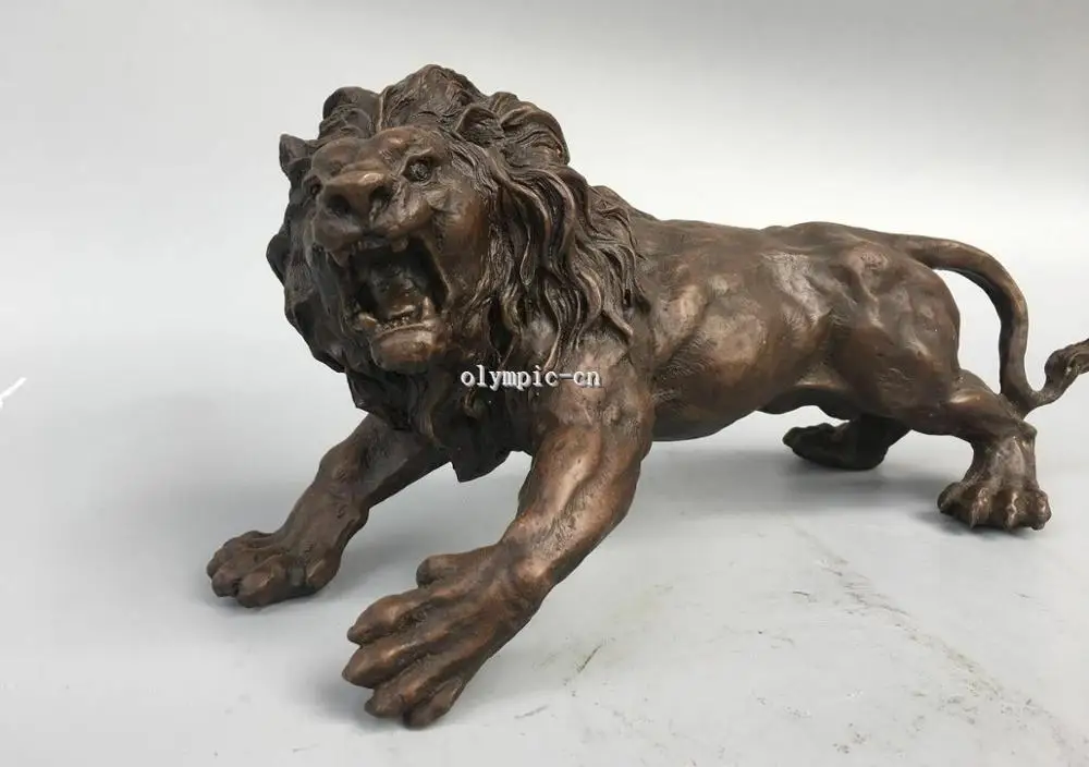 

13'' Classica red bronze carved animal ferocious beast male Lion statue