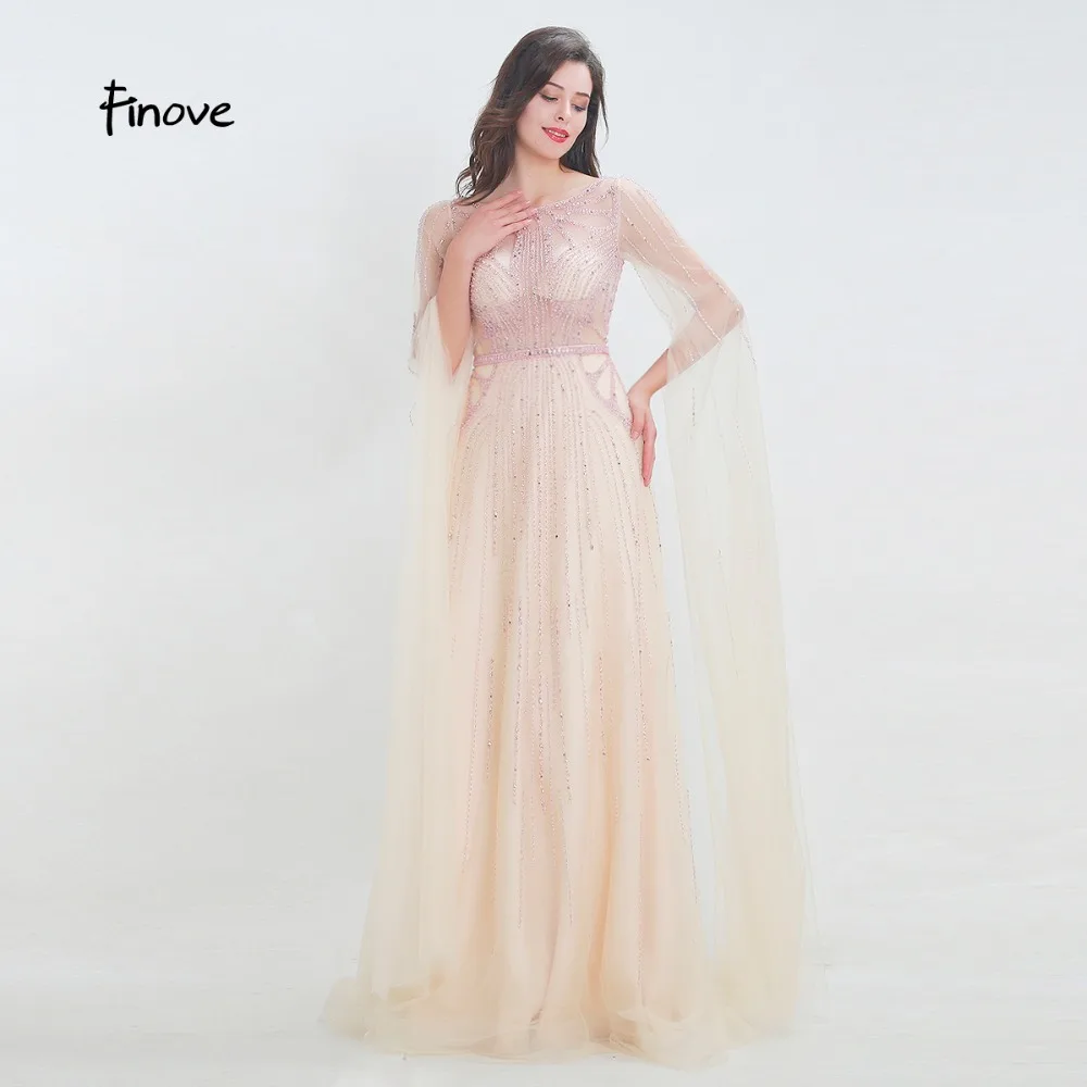 Finove Evening Dress 2020 Long Champagne Fully Beaded Sleeves Tulle Elegant O Neck Formal Party Woman Robe de soiree | Свадьбы и