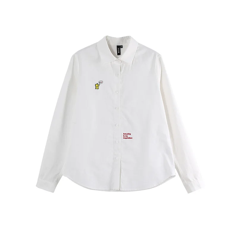 Toyouth New White Women Autumn Blouses Funny CartoonTurn Down Collar Tops for Female Embroidery Camisa Feminina Blusas