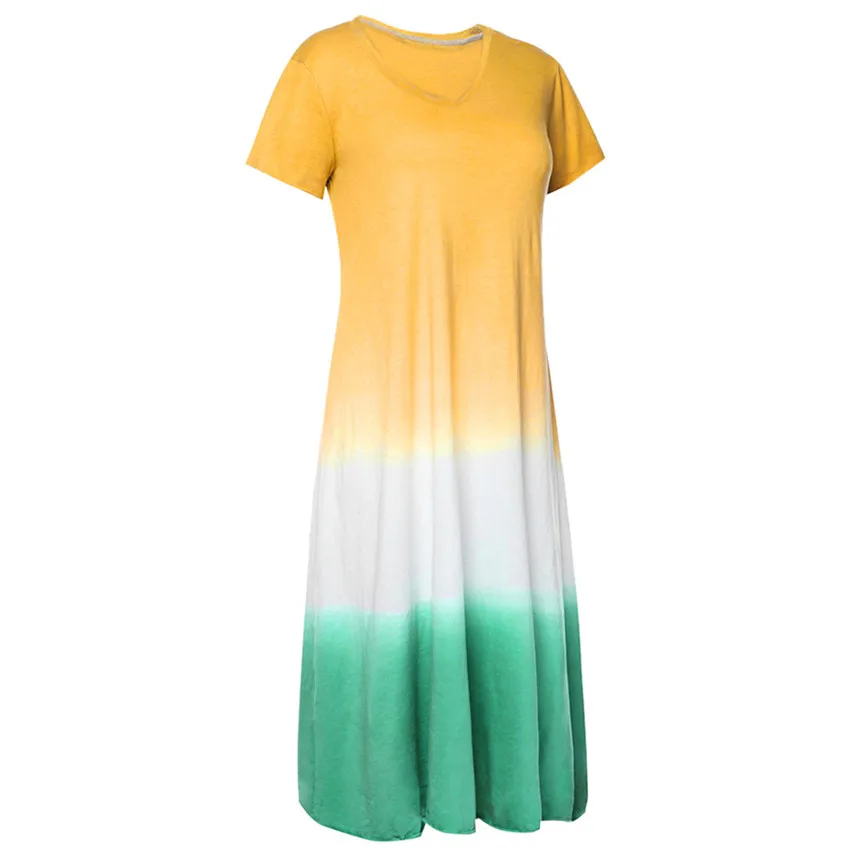 Women Summer Dress Fashion Sexy Dress Plus Size Tie-dyed Color Block Loose V Neck Short Sleeve Maxi Elegant Party Vestidos