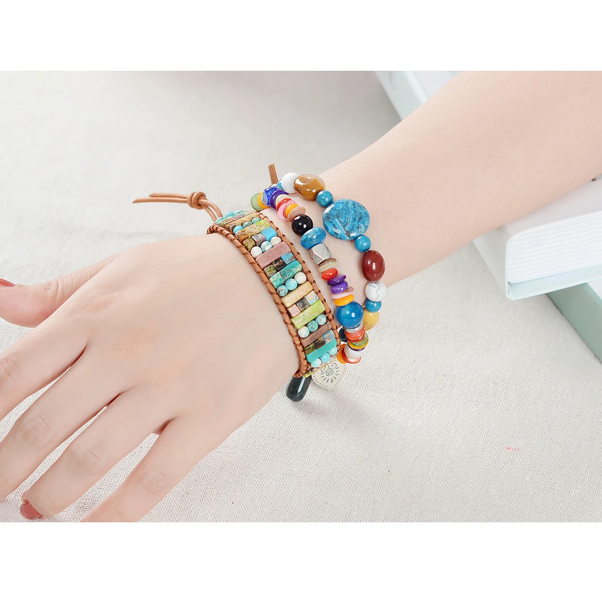 Ручной работы 2 нити пары Кнопка Браслеты Многоцветный натуральный камень