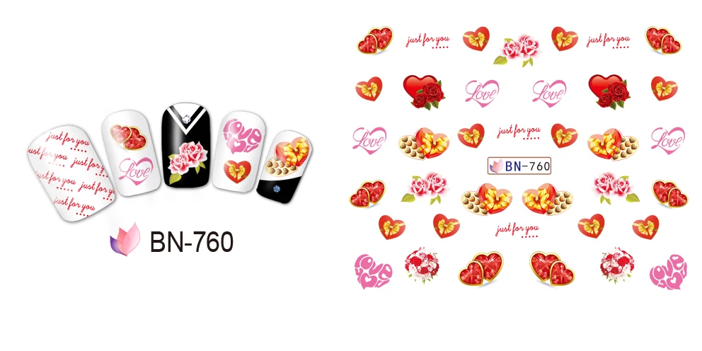 UPRETTEGO 12 упак./лот переводка NAIL ART Наклейки для ногтей на День святого Валентина свадьбы Kiss Bear сладкое сердце чашка любовь BN757-768
