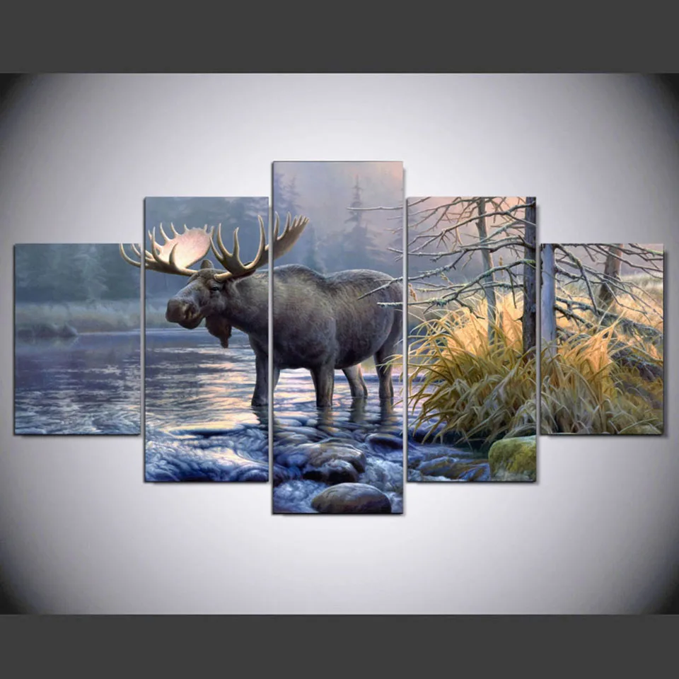 Wall Art рама холст Гостиная абстрактные 5 Панель лося животных озеро пейзаж картины