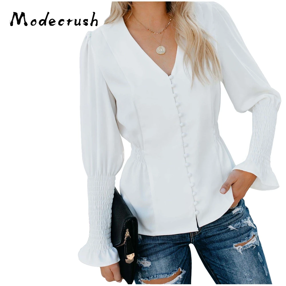 Modecrush Винтаж Дамы белая блузка гофрированные расширяющиеся книзу рукавом