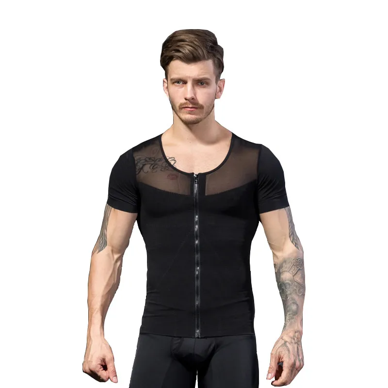 Men Shapers Posture Corrector Vest Belly Abdomen Fat Burn Compression Slimming Tummy Bodybuilding Zipper Design Tshirt Corsets