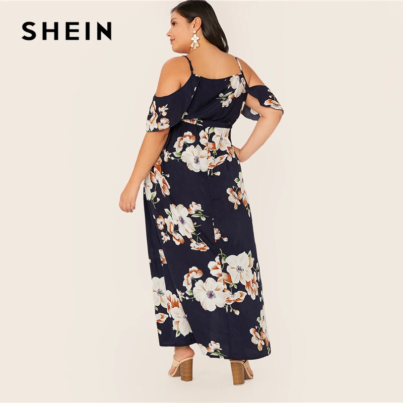 SHEIN, Платье макси с открытыми плечами размера плюс, растительное платье с запахом,, женское летнее платье в стиле бохо, облегающее и расклешенное платье с высокой талией на тонких бретелях