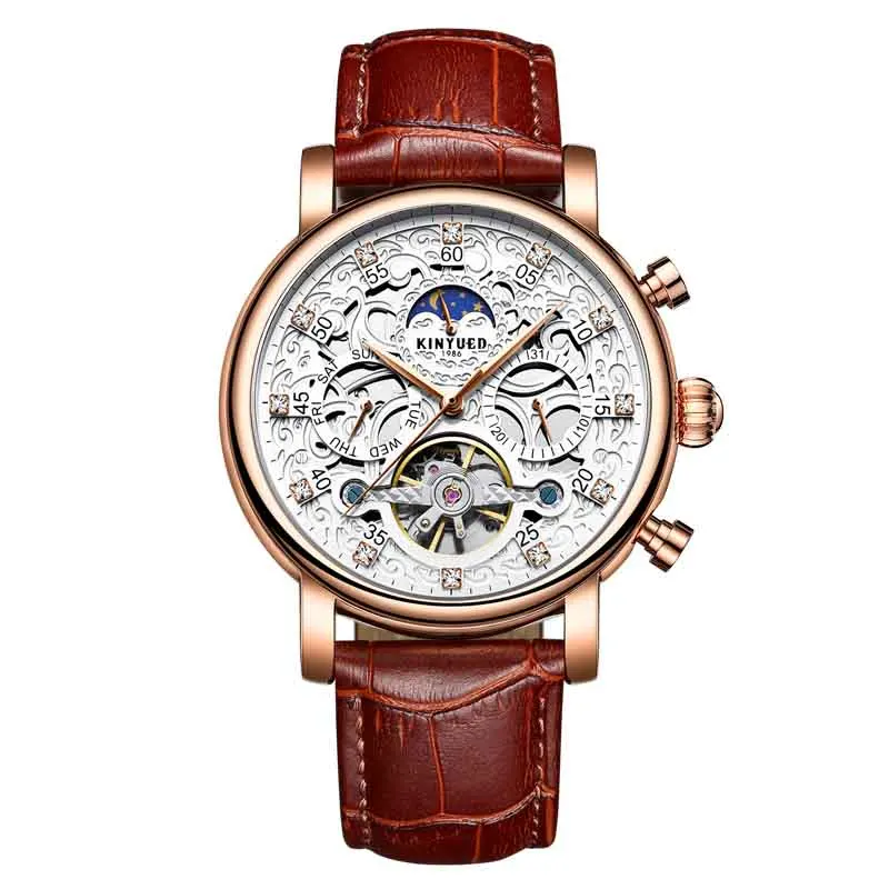 Gold Brown KINYUED Мужские механические часы бизнес кожа наручные часы Moon Phase Tourbillon автоматические мужские часы Скелет Мужские часы - Цвет: Gold Brown