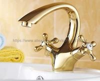luxury gold color brass double cross handle bathroom sink faucet swivel spout bathbasin vanity mixer taps nnf117