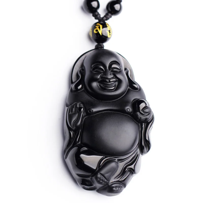 

Dropshipping Chinese Carving Natural Black A Obsidian Buddha Pendant Maitreya Necklace For Women mi le fo fine Jewelry Wholesale