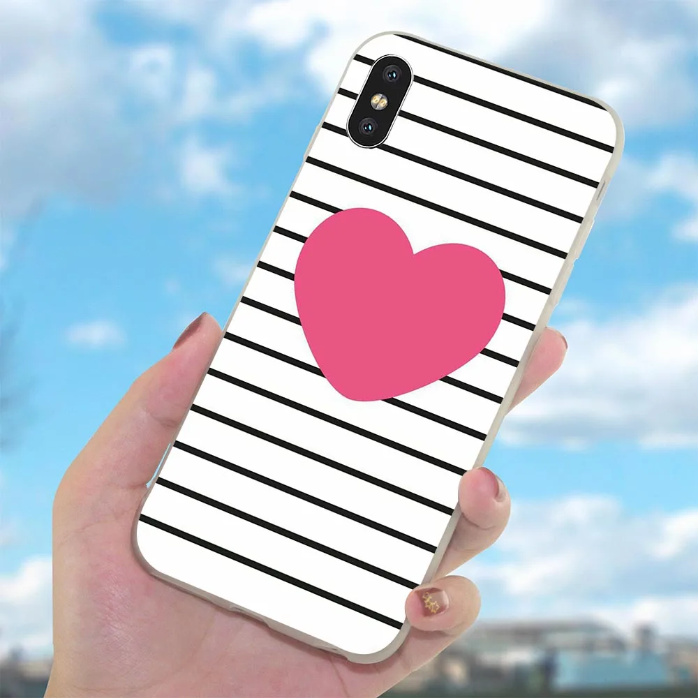 Case for iPhone 7 Pink stripe heart Love rose flower Cover 8 Plus Covers Xs Max X 6 6S 5S 5 SE XR Cases Silicone | Мобильные