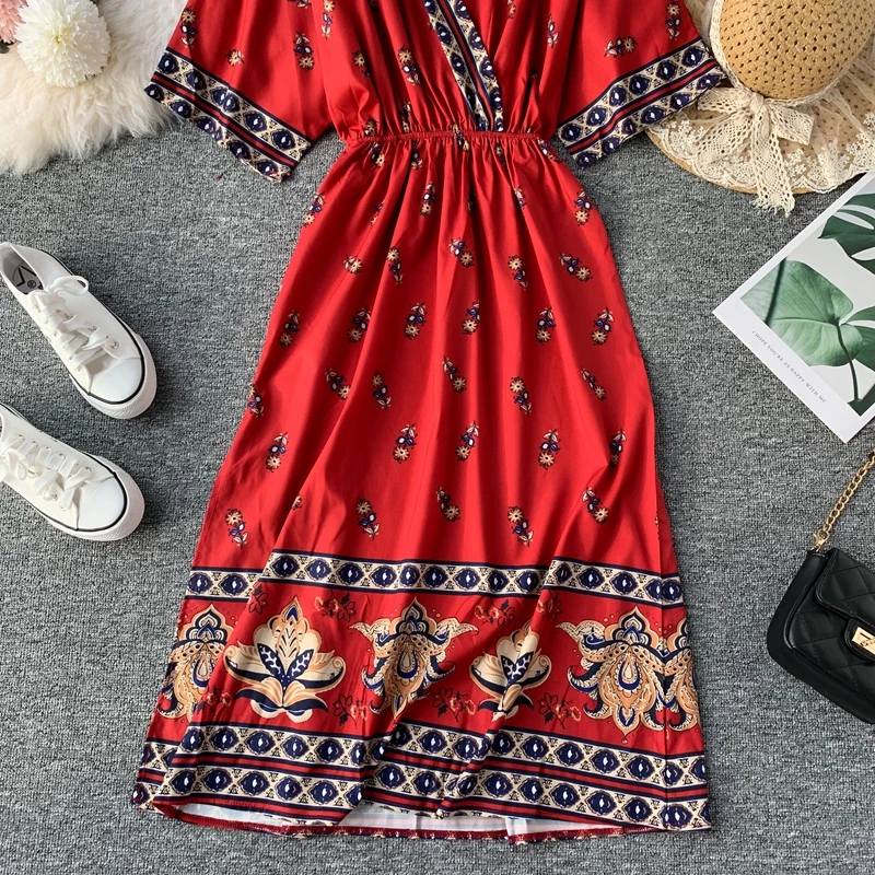 Женское длинное платье с принтом Boho красное Повседневное трапециевидной формы