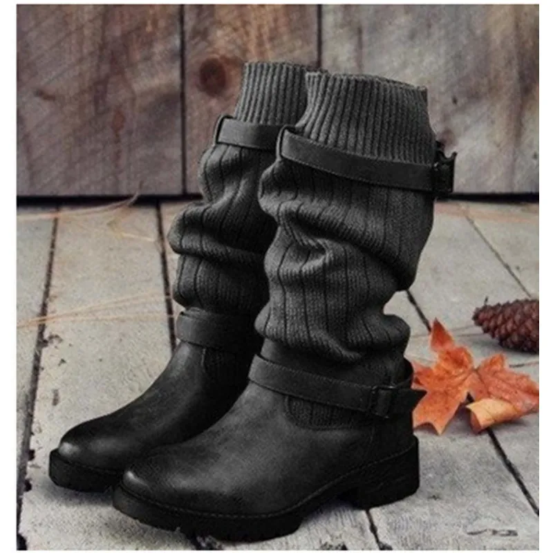 Женские ковбойские сапоги до середины икры с круглым носком на низком устойчивом