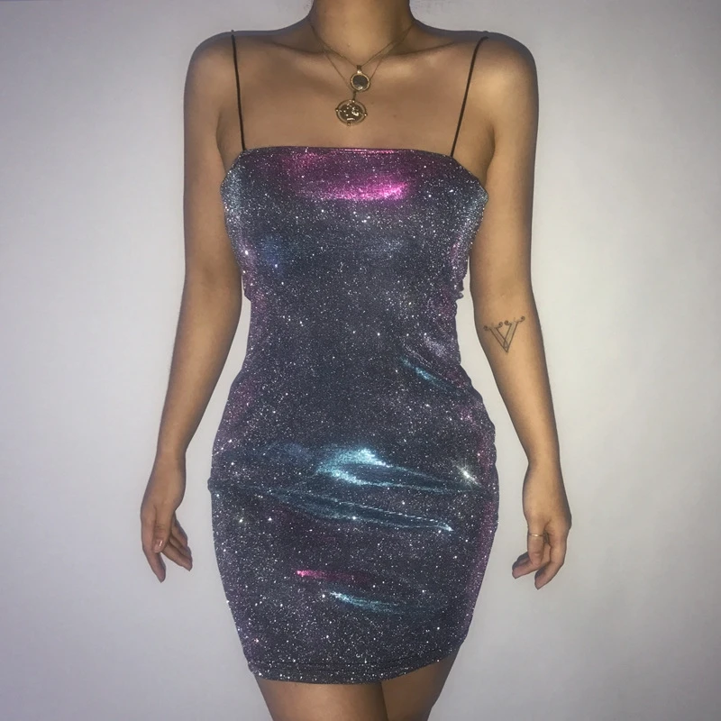 2019 New Style Hot Sale Women's Sling Nightclub Short Dress Sexy Shiny Silk Sleeveless Mini Female Dresses | Женская одежда