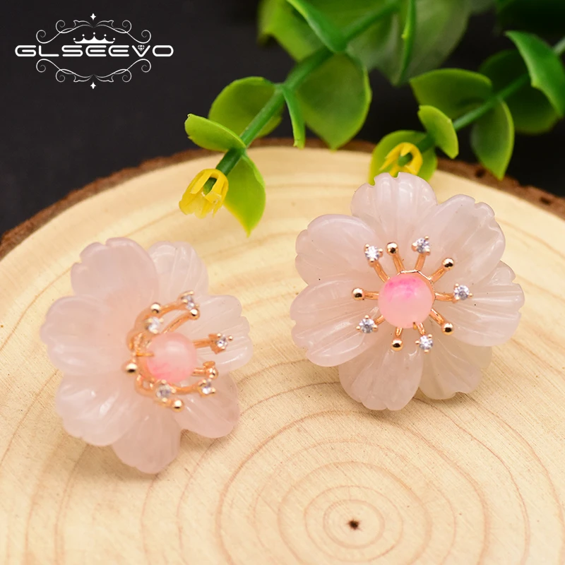 

GLSEEVO Natural Crystal Flower Stud Earring For Women Girl Birthday Party Ear Pin 925 Sterling Silver Fine Jewelry GE0741