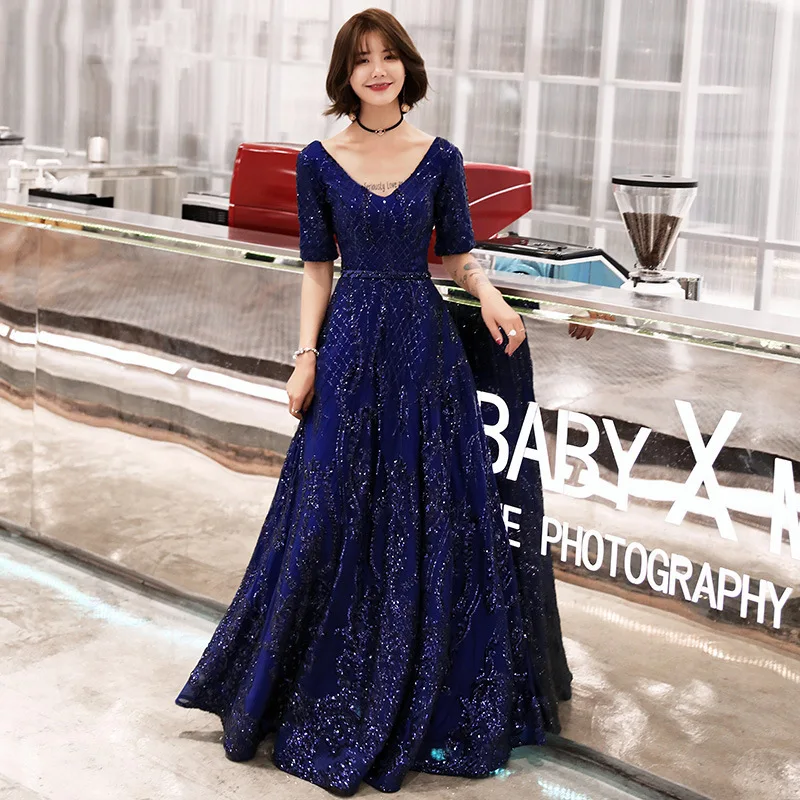 2019 Sunmmer Autumn Women Dress Blue Sequin Long Vintage Haute Couture Noble Elegant Gown Birthday Girl's Shirt A298 | Женская