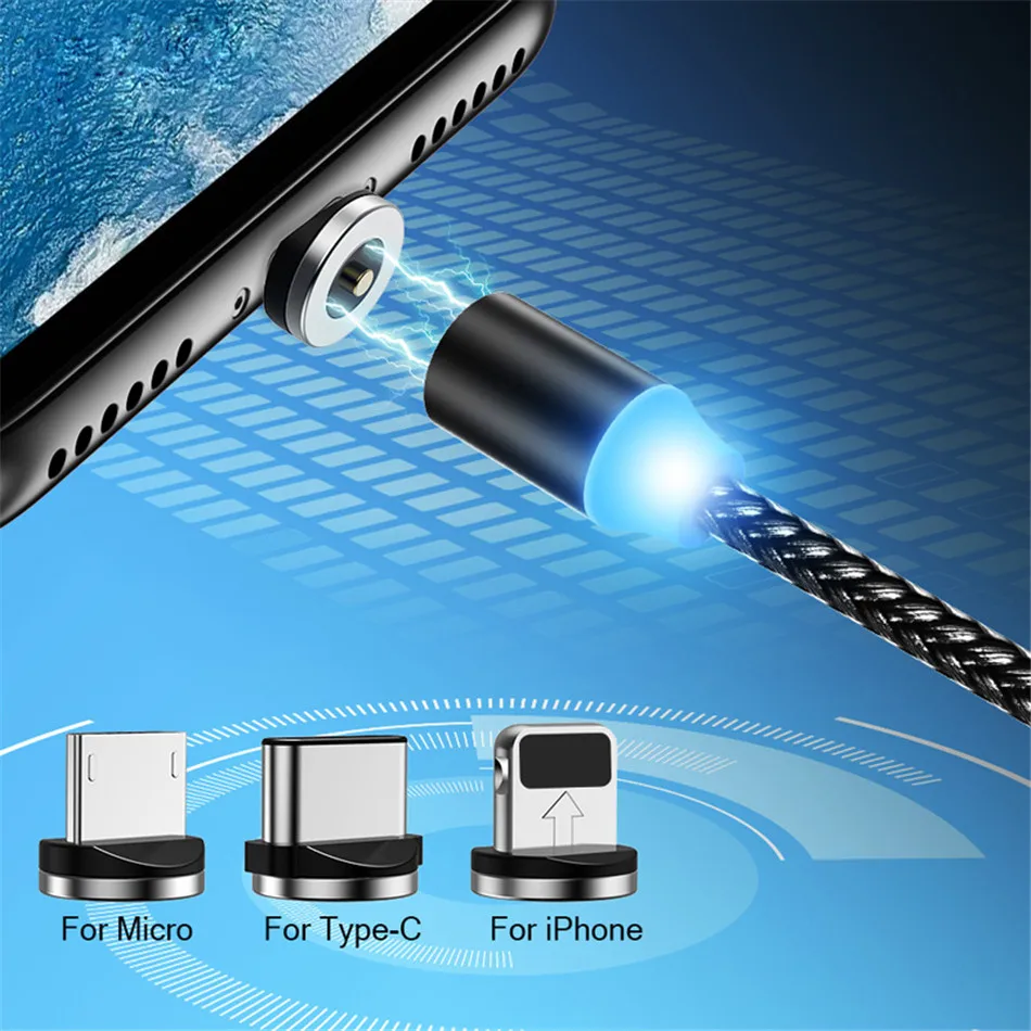 Магнитный светодиодный кабель в оплетке type-C Micro USB Магнитный usb кабель для зарядки Apple iphone X 7 8 6 Xs Max XR samsung s9 шнур