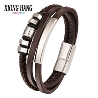 xionghang fashion leather bracelet for men black braid multilayer rope chain stainless steel magnetic clasp male jewelry gifts