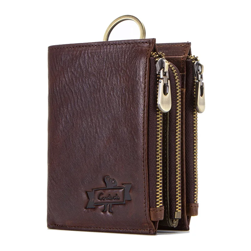 Мужской кошелек из натуральной кожи, RFID, двойная молния, короткий, walet cartera hombre, мужские кошельки, мужской кошелек с карманом для монет - Цвет: coffee